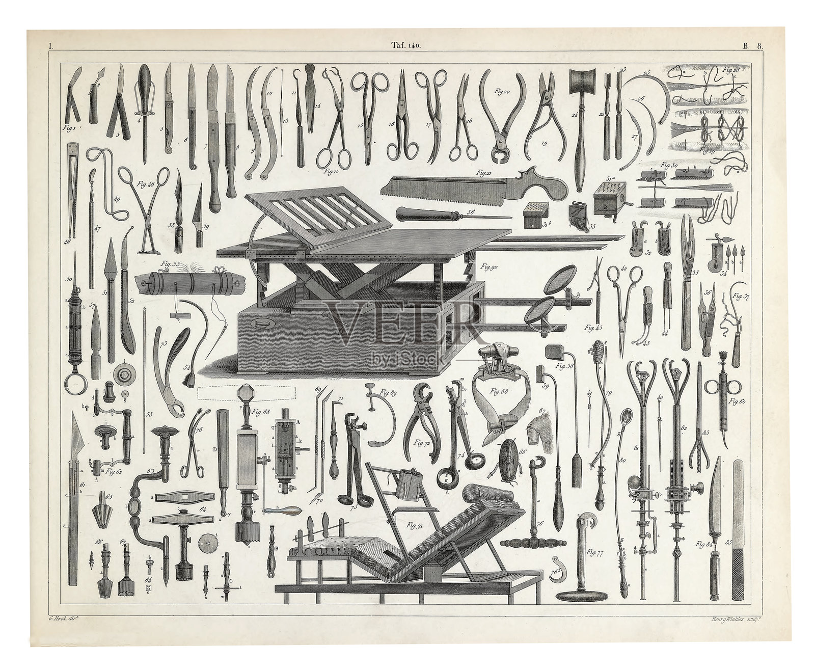 各种手术器械雕刻古董插画，出版于1851年插画图片素材