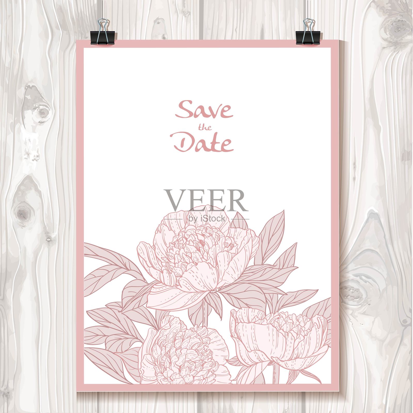 带有牡丹的邀请函，悬挂在有纹理背景的活页夹上插画图片素材