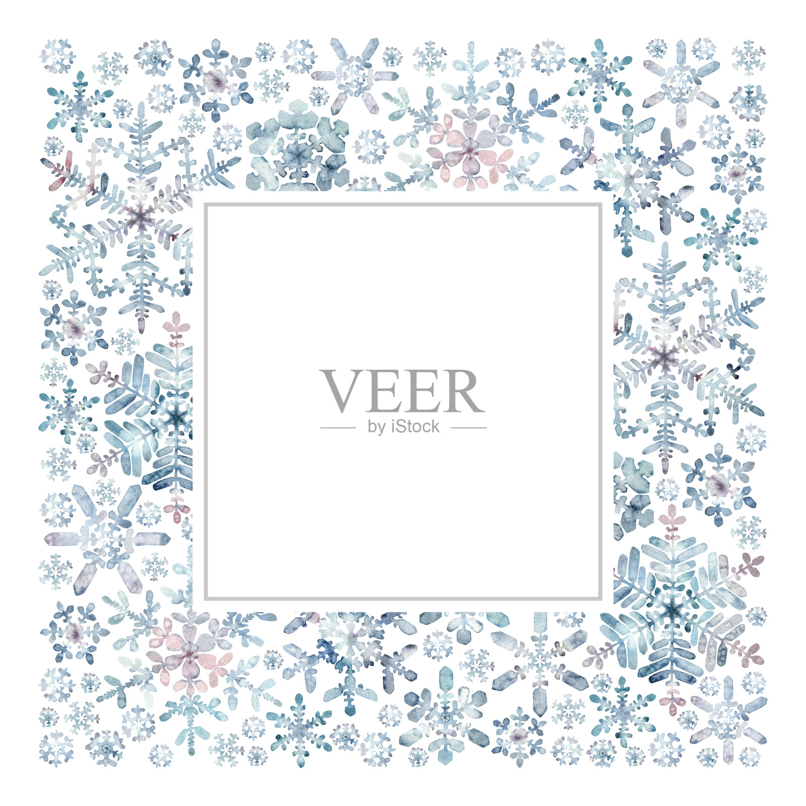 水彩颗粒雪花方形边框_白色插画图片素材