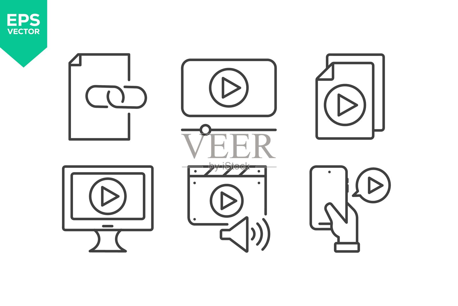 视频线条图标集。包含电影、屏幕、流媒体、播放、电影、暂停、直播、制作等图标。插画图片素材