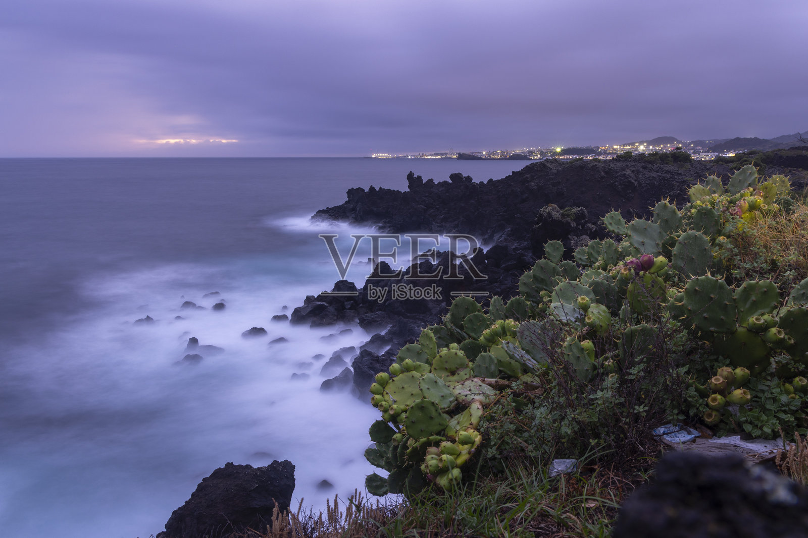 日落时分，圣米格尔岛亚速尔群岛美丽的火山海岸线，海景壮丽，点缀着一小片仙人掌照片摄影图片