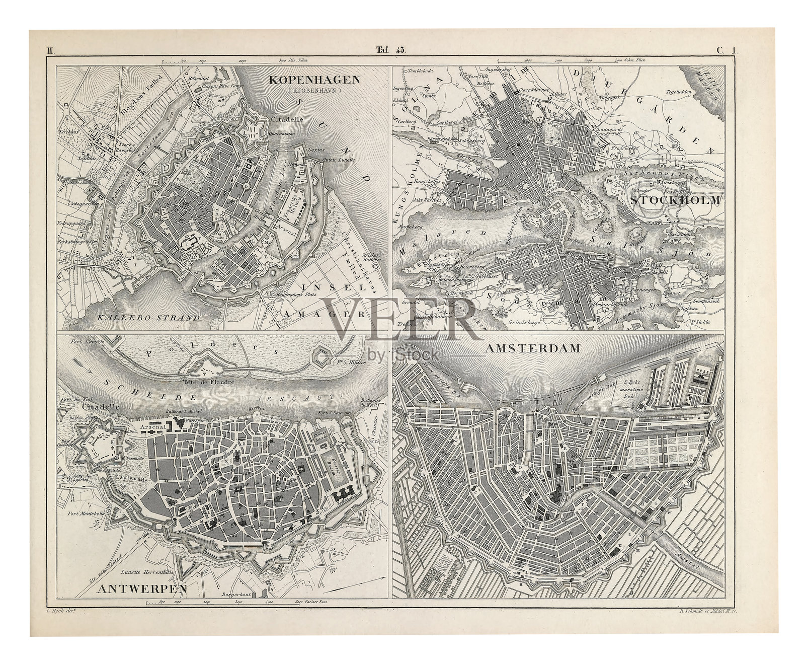 哥本哈根、斯德哥尔摩、安特卫普和阿姆斯特丹雕刻古董插画，出版于1851年插画图片素材