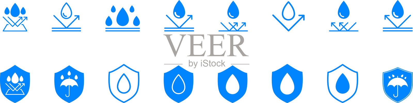 防水图标。防水标志集。抗水符号。带盾牌的防水保护图标。矢量图、PNG、jpeg。保持干燥。带水滴图标的打开的雨伞集。水滴保护。插画图片素材