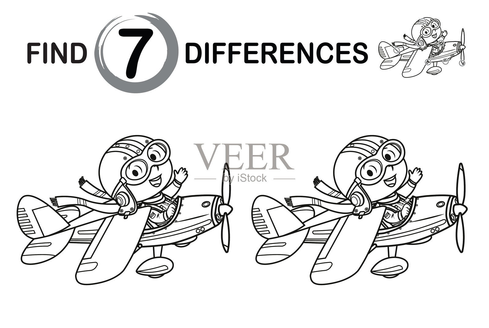 找出图中7处不同。卡通小男孩驾驶飞机。儿童益智游戏。工作表页面矢量图插画图片素材