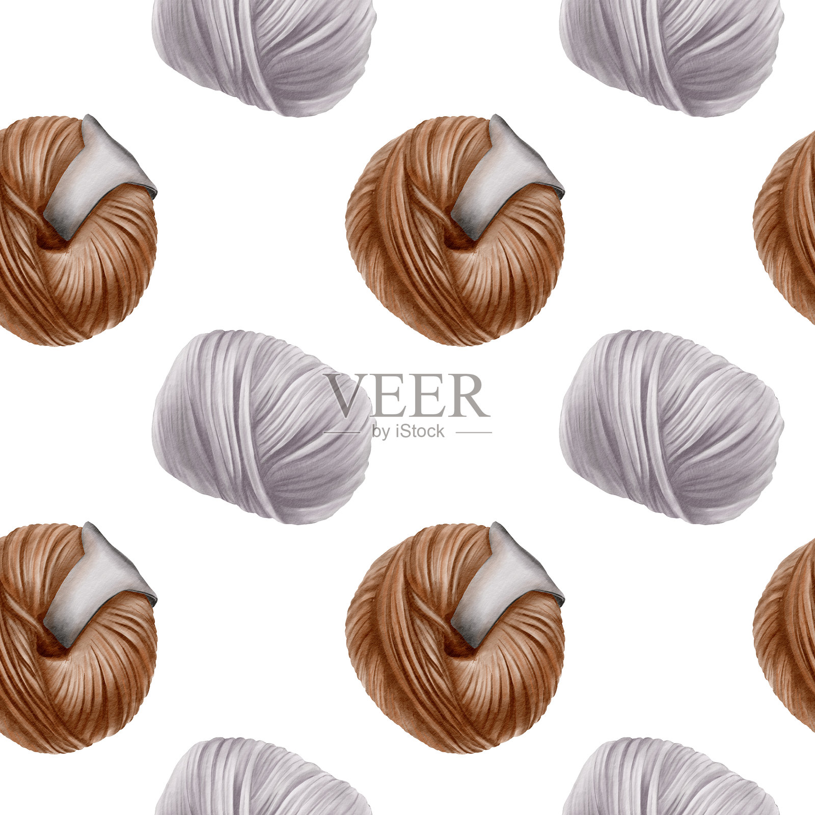 棕灰色无缝图案的毛线球配纸标签，象征国际编织日。它蕴含着家庭炉火的温暖与舒适。水彩插画插画图片素材