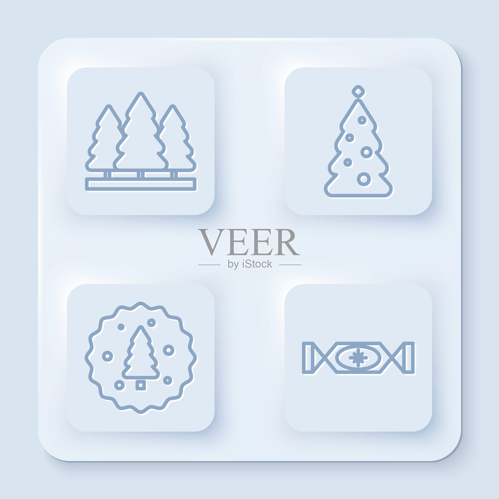圣诞树套装、带装饰的圣诞树、巧克力饼干和糖果。白色方形按钮。矢量图插画图片素材
