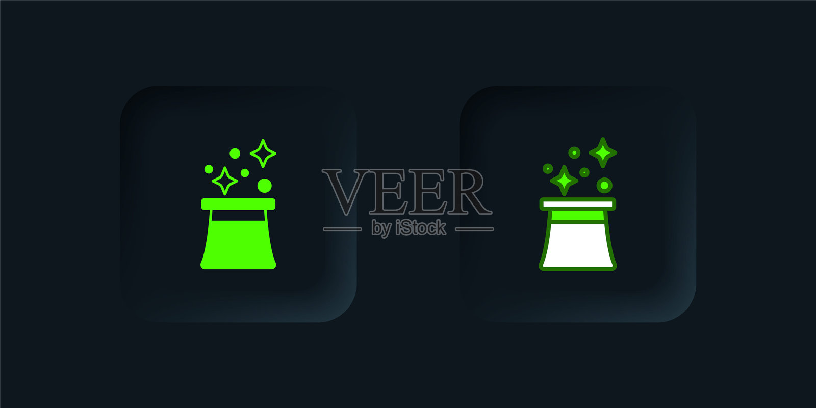 绿色的魔法师帽子图标，孤立在黑色背景上。魔术表演。神秘娱乐概念。黑色方形按钮。矢量图插画图片素材