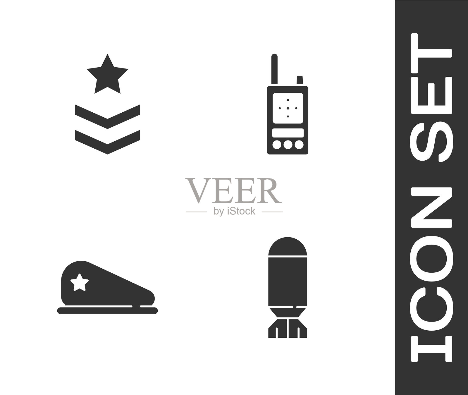 航空炸弹、军衔、贝雷帽和步话机图标，矢量图示。矢量插画图片素材