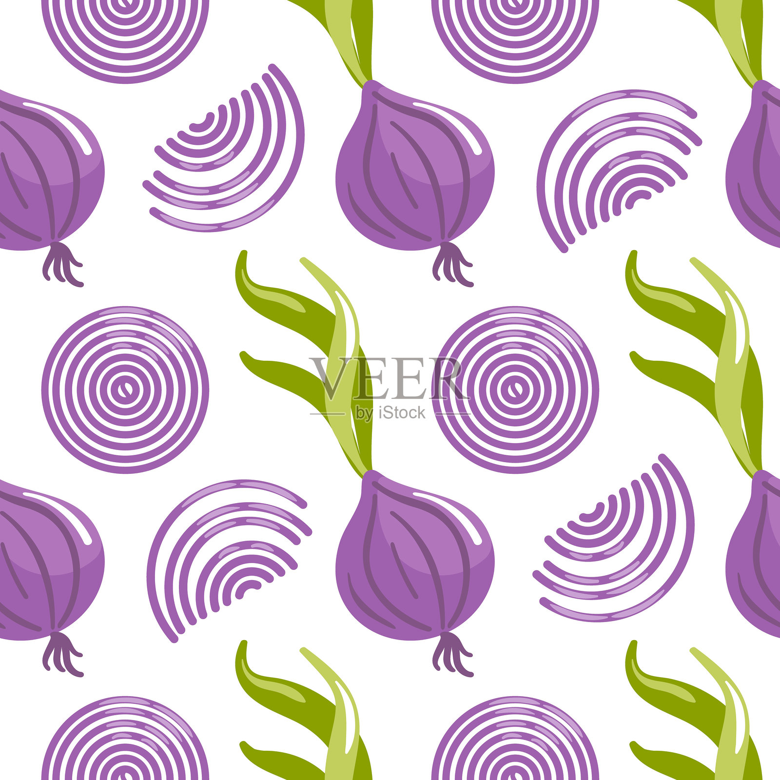 紫色洋葱的无缝图案，表面光滑，呈浓郁的茄子色调，带有精致的高光，呈现出大胆、优雅和现代的质感。插画图片素材