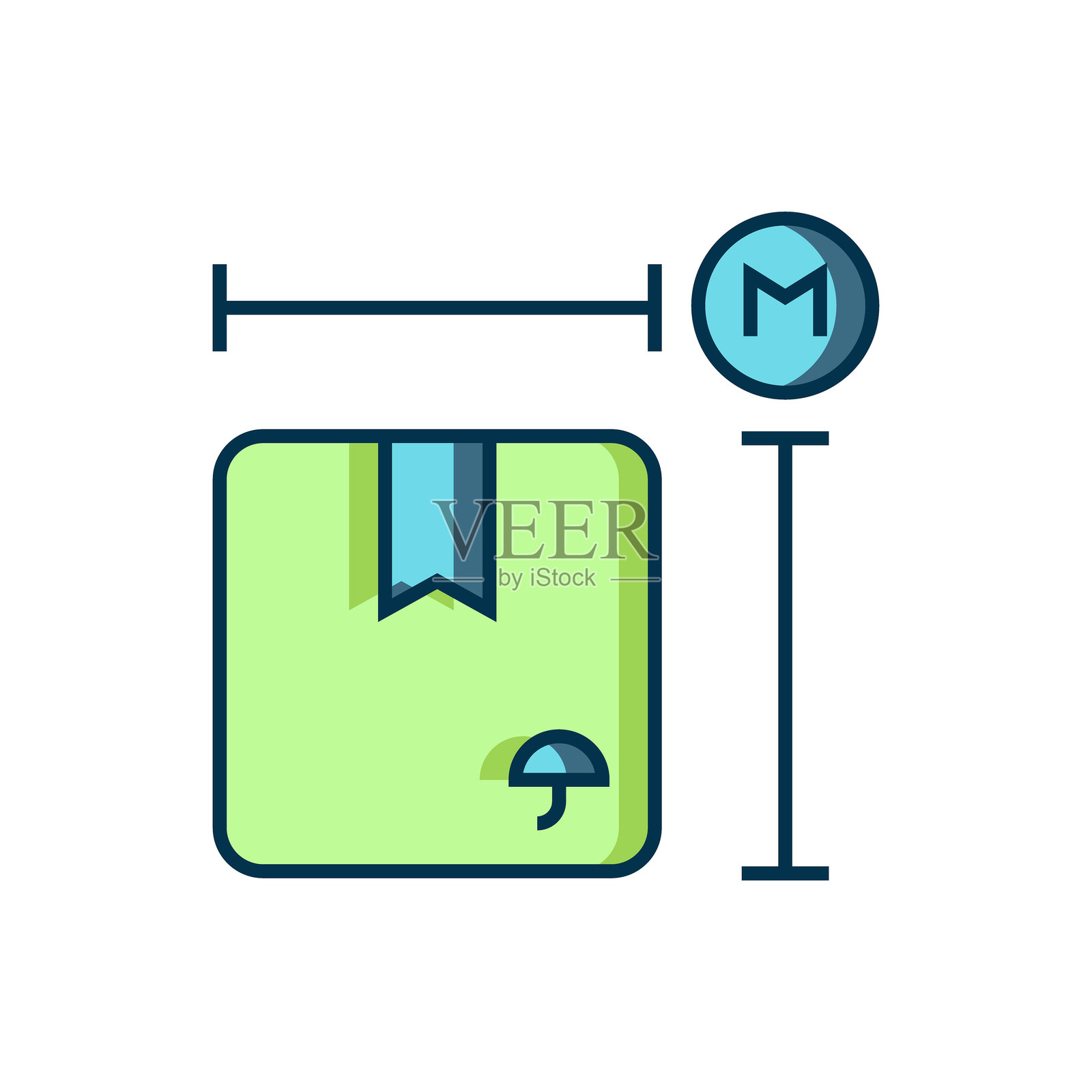 填充轮廓纸板箱测量图标，孤立在白色背景上。盒子、包裹、件标志。配送和包装。填充轮廓扁平风格带阴影。矢量图插画图片素材