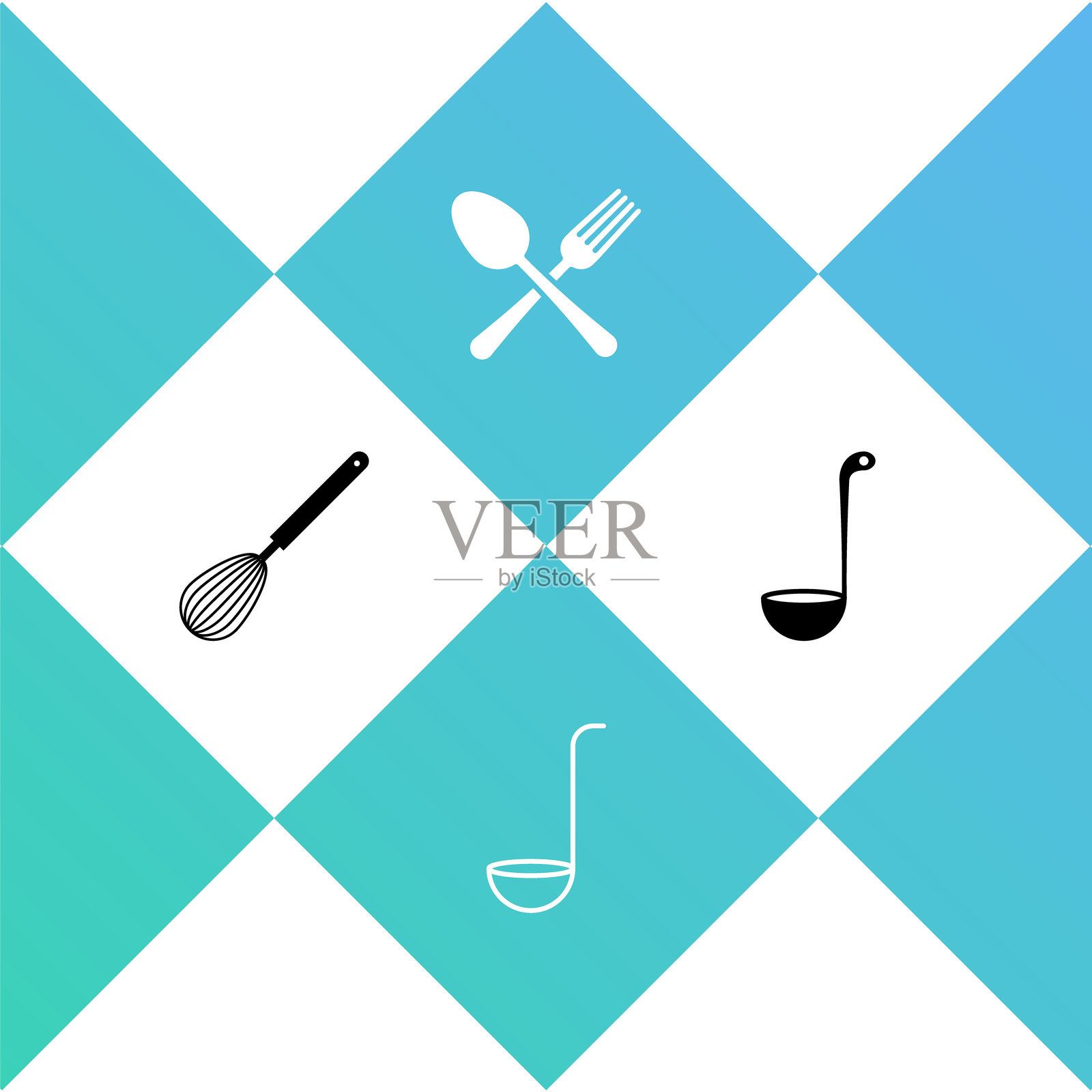 厨房打蛋器、汤勺、交叉的叉子和勺子以及图标。矢量图示图示例文插画图片素材