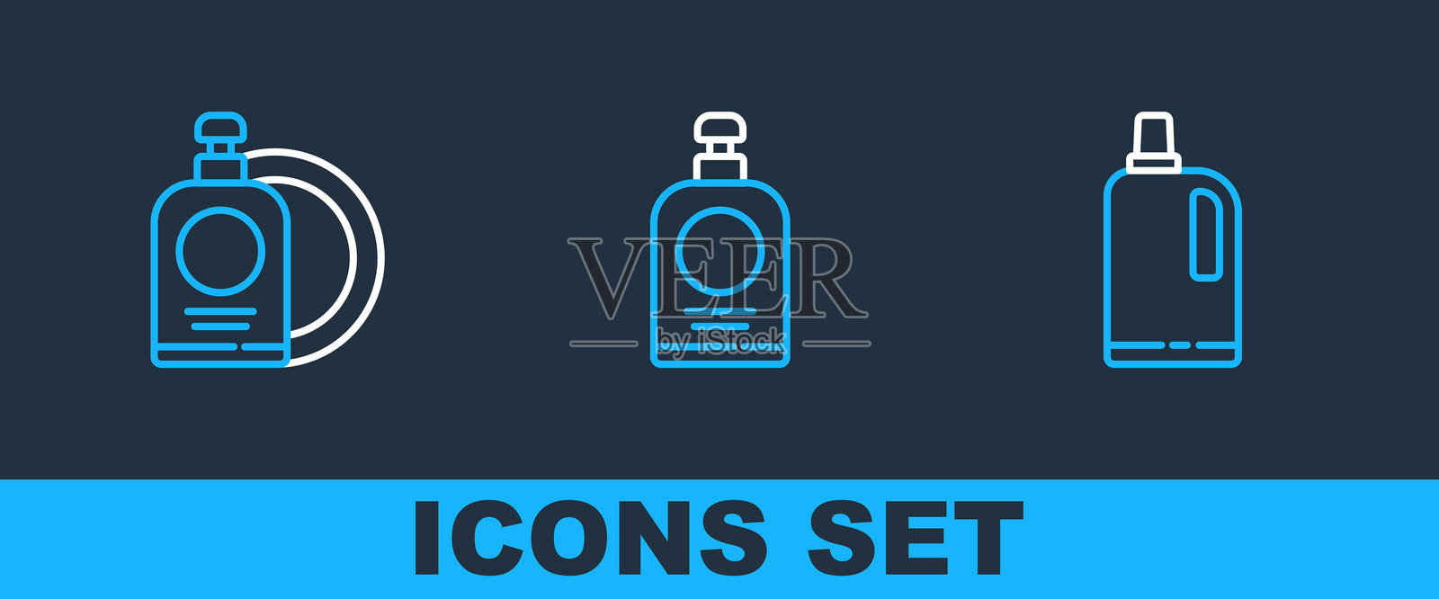 织物柔顺剂、洗洁精瓶子和盘子以及洗手液图标的线条集合。矢量图插画图片素材