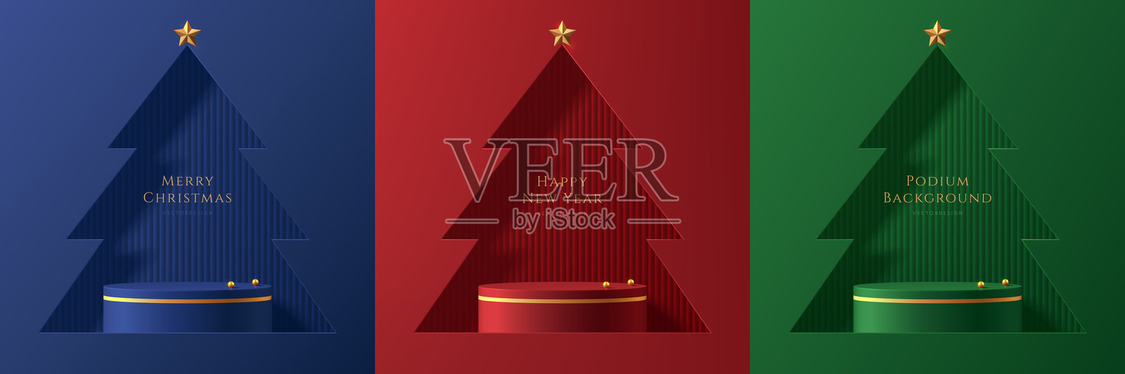 圣诞节3D圆柱形讲台背景，包含红色、绿色、蓝色，置于窗户场景中。极简主义几何形状展示台模型。抽象产品展示，用于产品展示的舞台。插画图片素材