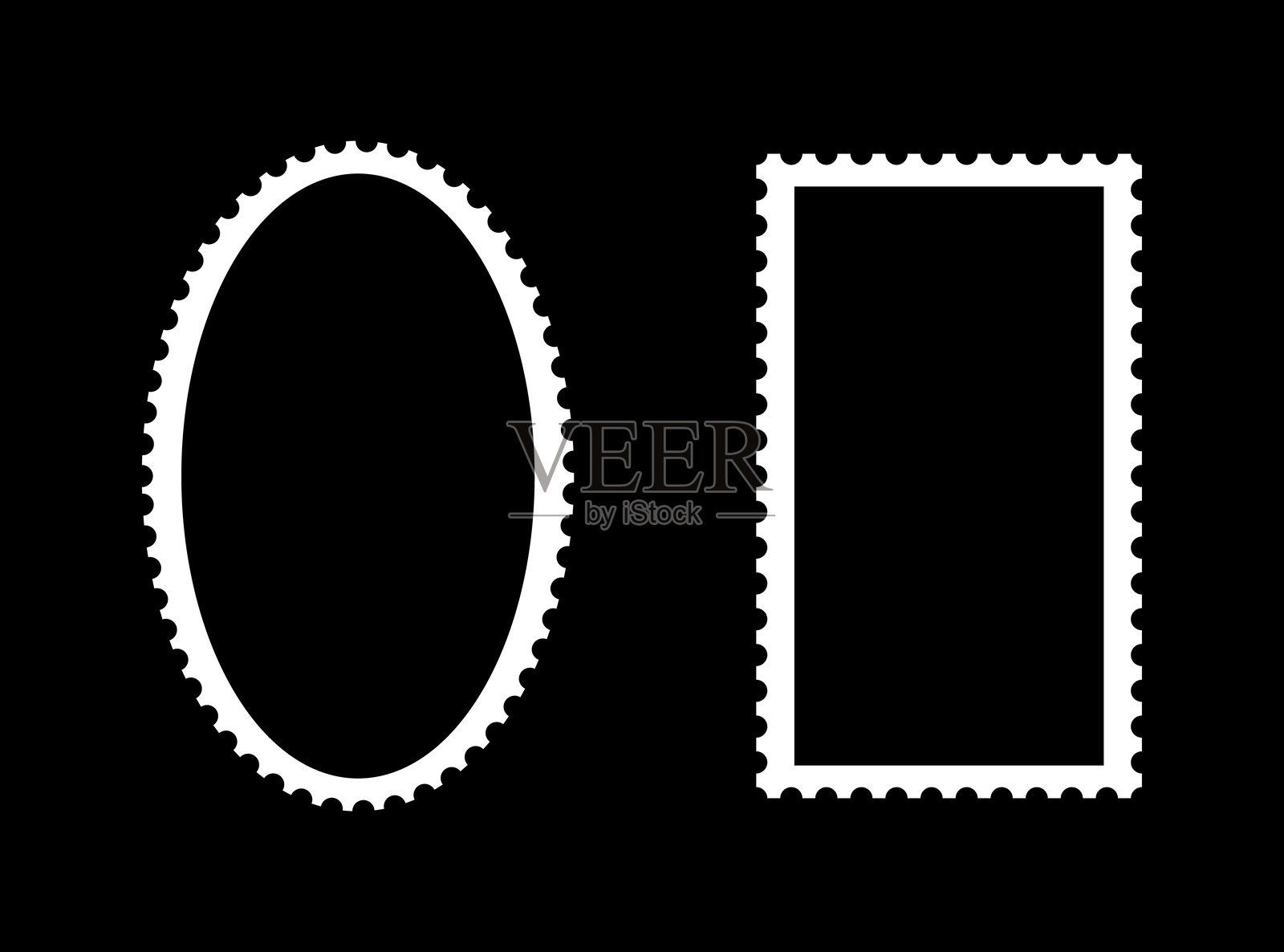 邮票复古空框模板。明信片、信件的白色边框。一套空白简单的椭圆形、矩形复古邮票边框。带有弯曲、波浪状穿孔边缘的扁平盒子。插画图片素材