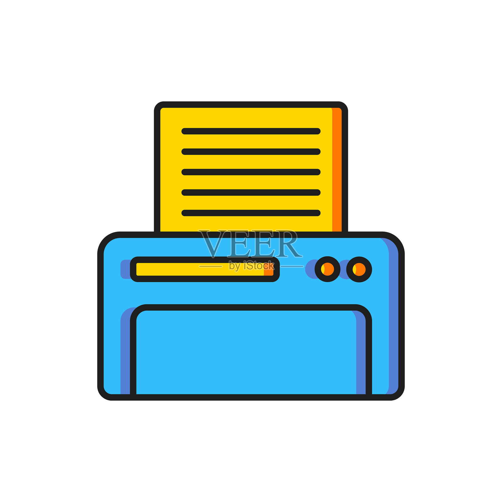 彩色打印机图标，孤立在白色背景上。平面填充轮廓风格，带有阴影。矢量图插画图片素材