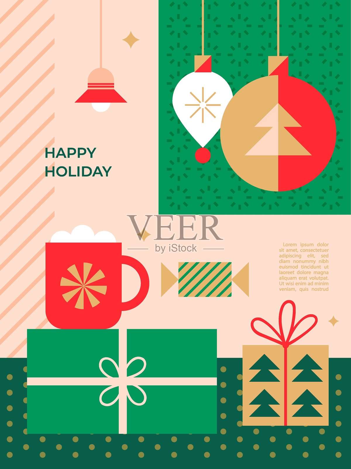 几何风格的节日贺卡，内有礼品、杯子和装饰品。喜庆的冬季背景，适用于圣诞和新年祝福设计。插画图片素材