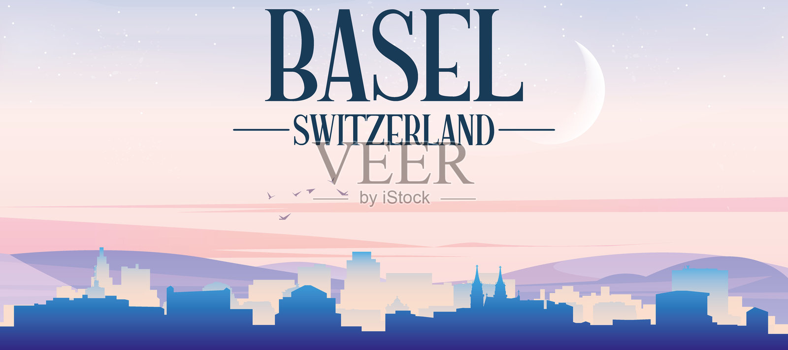 瑞士巴塞尔城市天际线全景海报插画图片素材