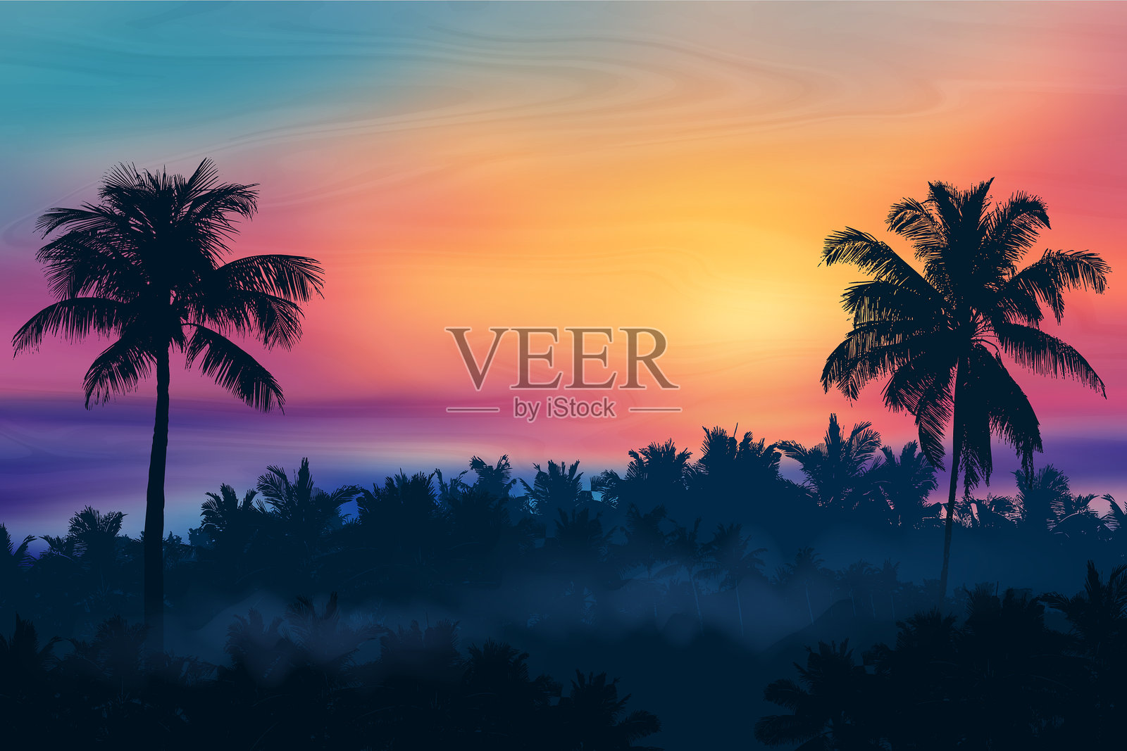 矢量热带日落，棕榈树剪影插画图片素材