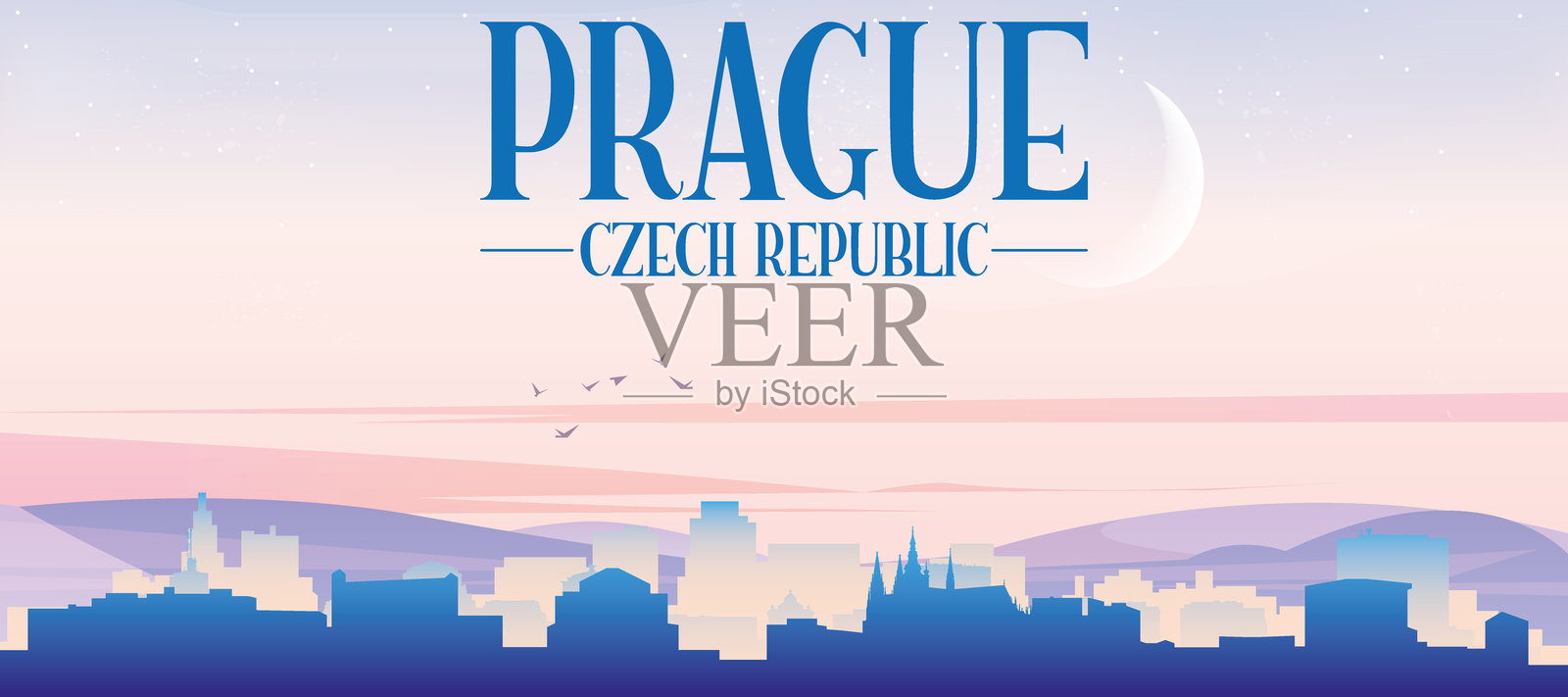 捷克共和国布拉格通用城市天际线全景海报插画图片素材