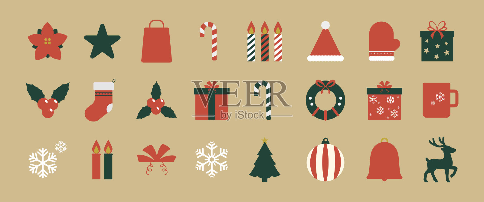 可爱的圣诞插画元素合集，包含礼物盒、槲寄生、雪花、圣诞树、花环、拐杖糖、圣诞帽和冬季配饰等节日图标，背景为米色，适用于节日设计、打印和商业用途。插画图片素材