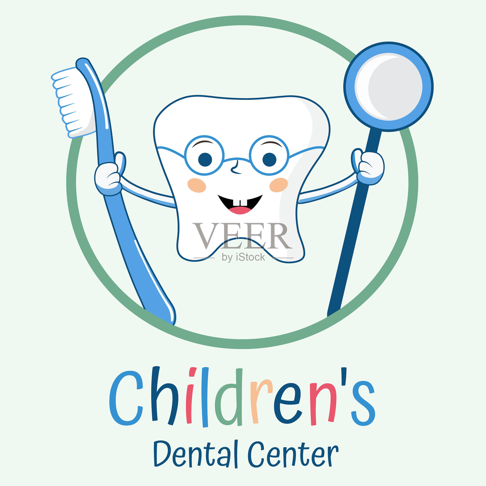 戴着眼镜的可爱卡通牙齿，带着微笑，手持牙刷、牙科镜和放大镜，牙齿造型插画图片素材