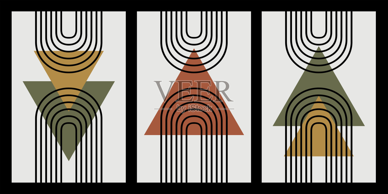 3D抽象壁纸。灰色背景上的白色线条、大理石和木制三角形。金色、红色和白色的图案形状。照片摄影图片