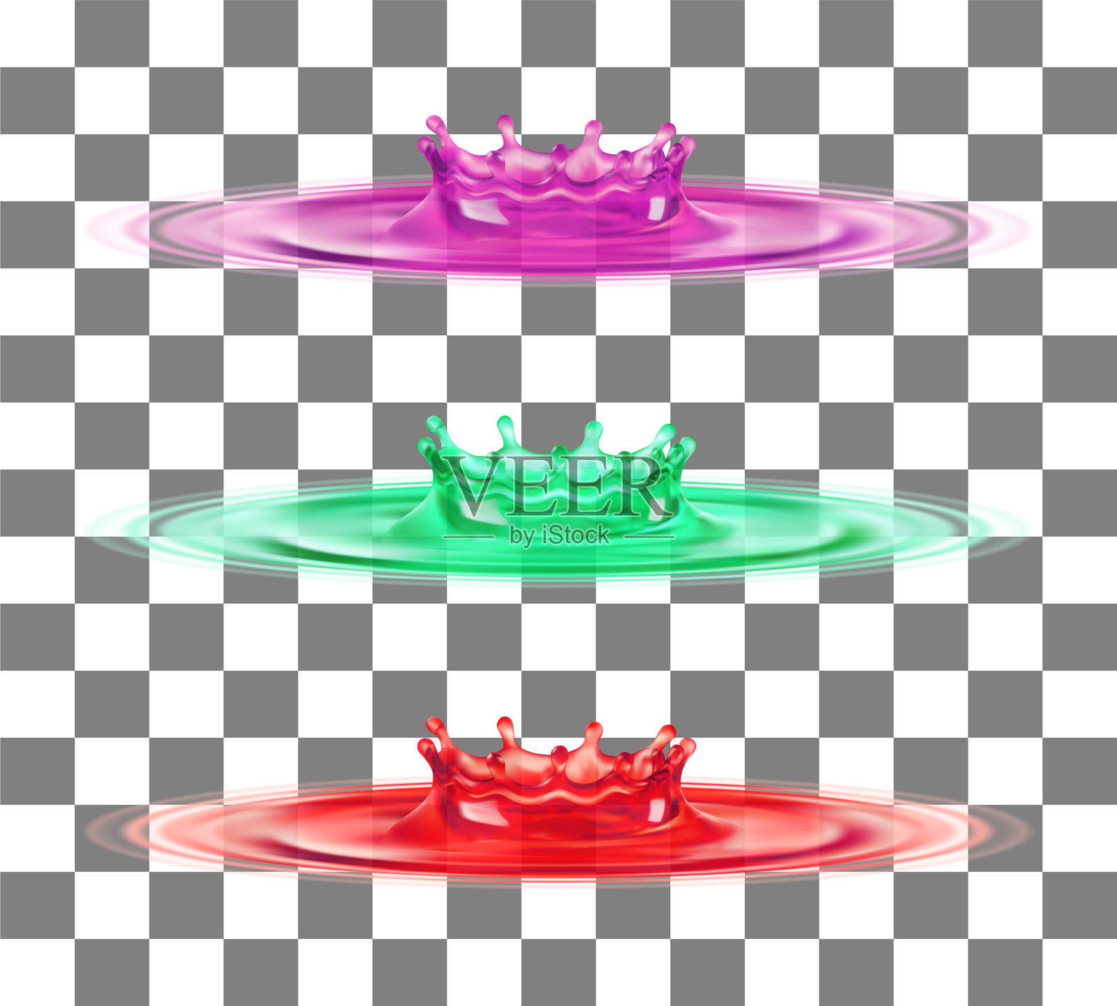 垂直排列的液体皇冠飞溅，粉色、绿色和红色鲜艳的色彩，逼真的 3D 渲染，带有清晰的波纹，透明背景，非常适合饮料或风味广告插画图片素材