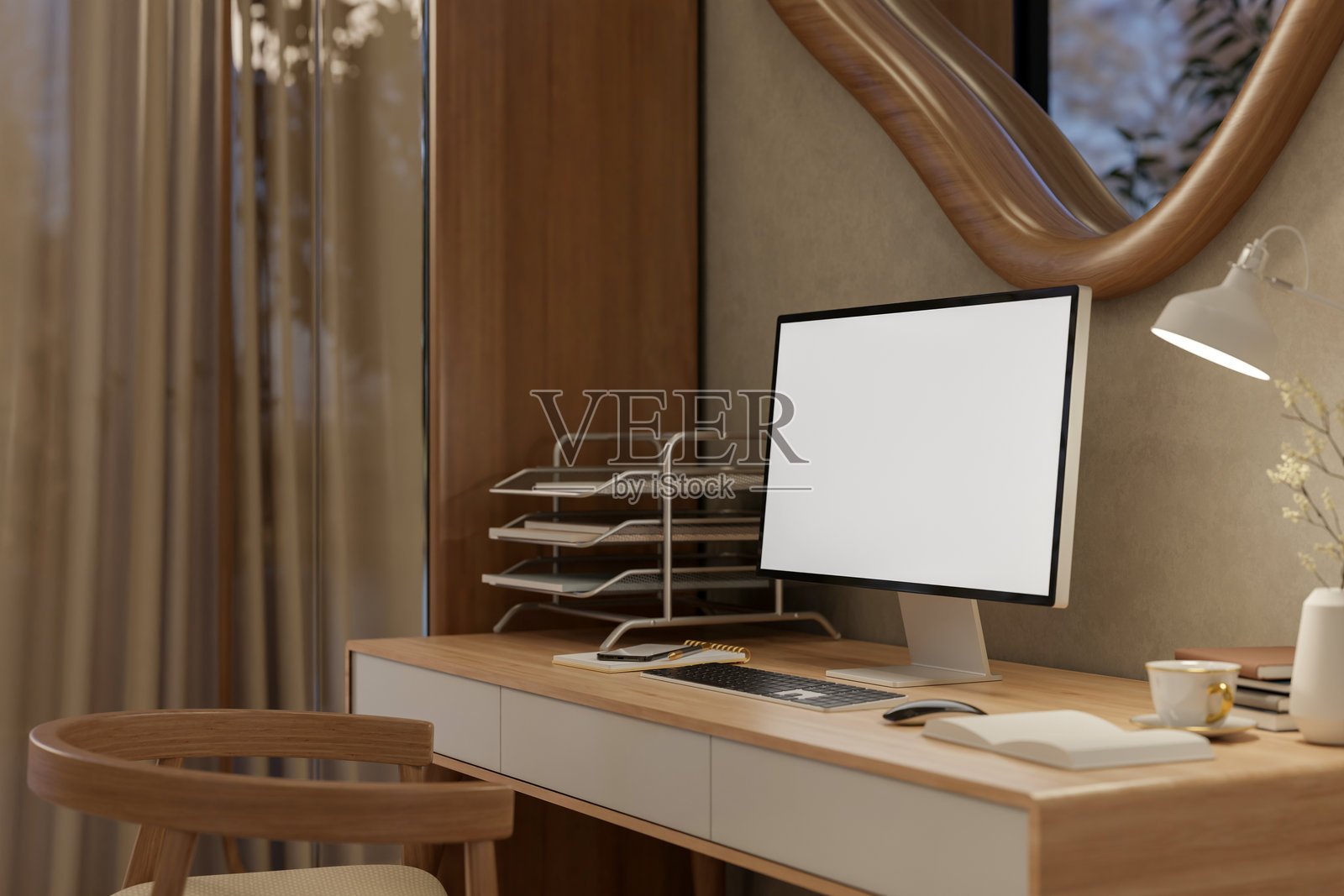 房间内，一张木桌上放着一台电脑，桌旁有一把椅子，椅子下方还有一个造型奇特的窗户。这可能是客厅或卧室的场景。照片摄影图片