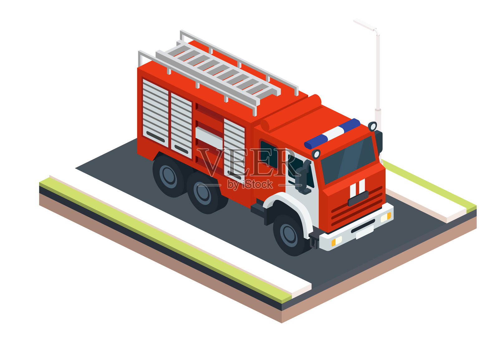 等距视角下的红色消防车在道路上行驶。紧急救援车辆。插画。消防车在白色背景下孤立。插画图片素材