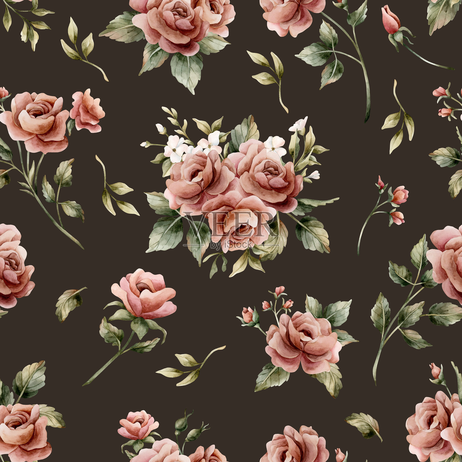 深色背景上的玫瑰花无缝图案，灰粉色，维多利亚风格，水彩手绘花卉插画插画图片素材