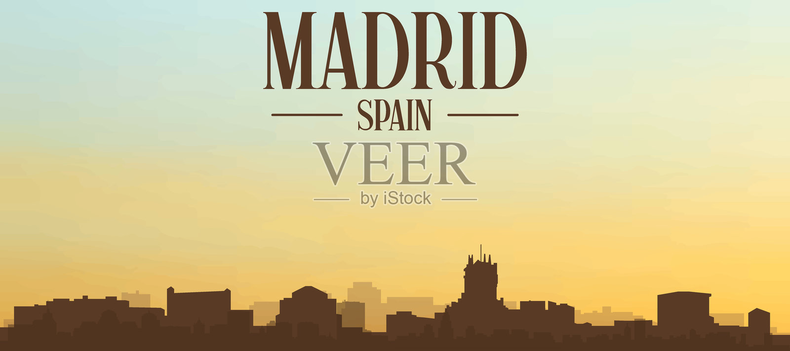 西班牙马德里城市天际线全景海报插画图片素材