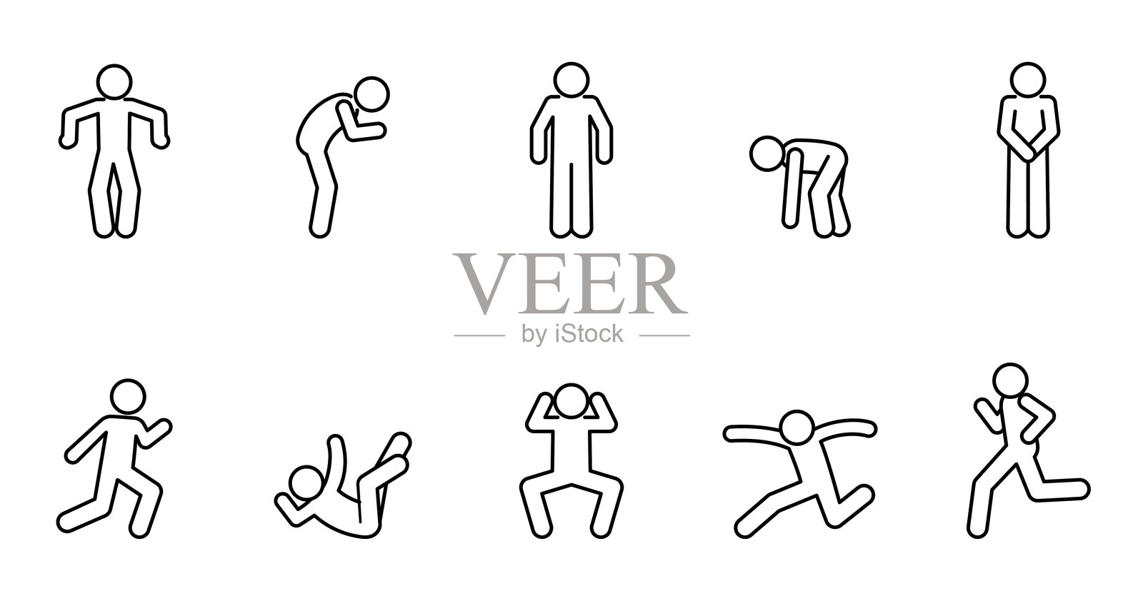 人物线性图标，火柴人姿势集，孤立的剪影，人类手势插画图片素材