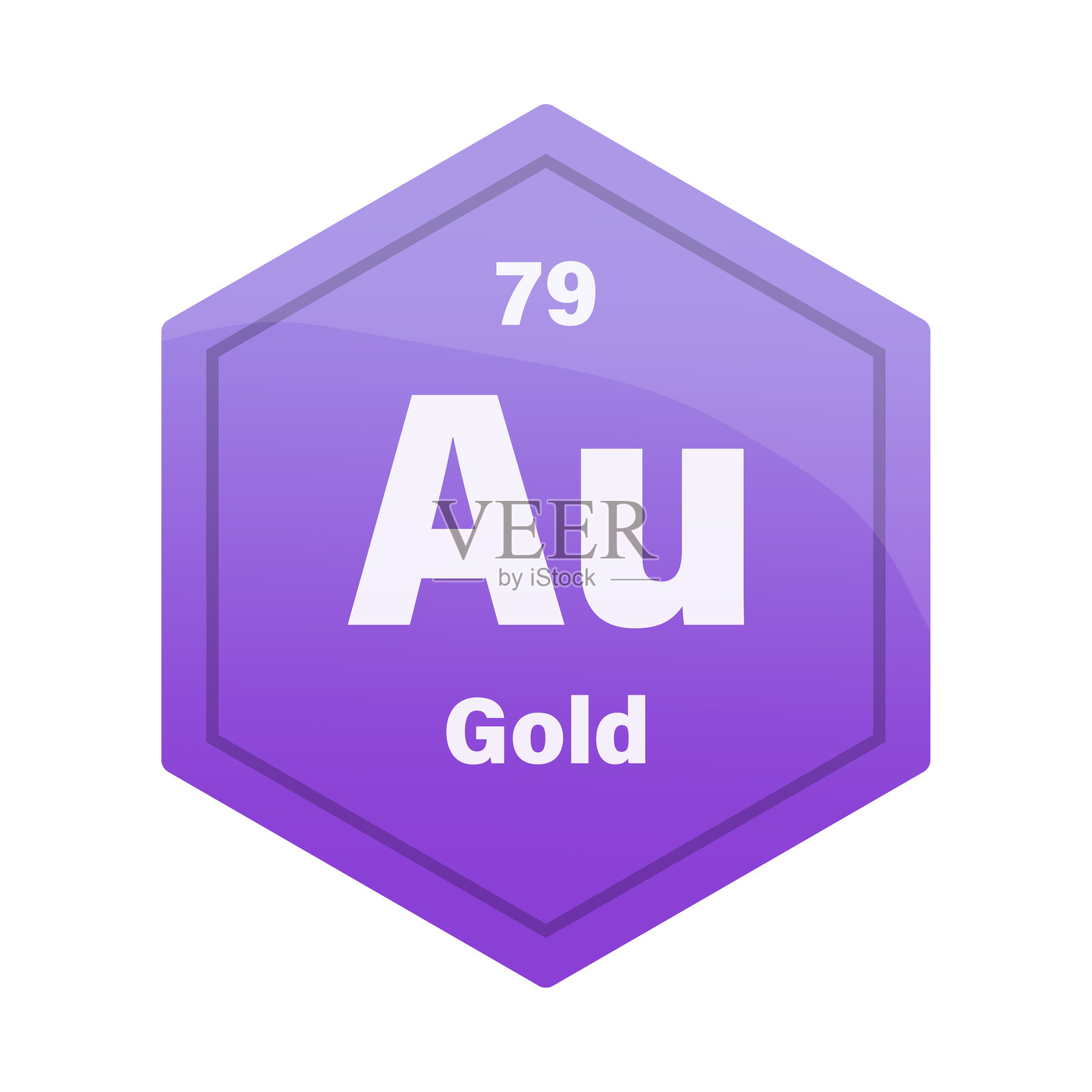 金色化学元素图块。原子序数79。Au化学符号。皇家紫色矢量六边形。插画图片素材