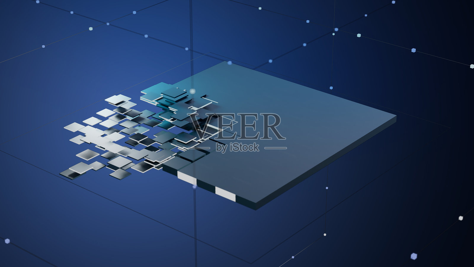 由方形组成的抽象世界，深蓝色调的三维概念照片摄影图片