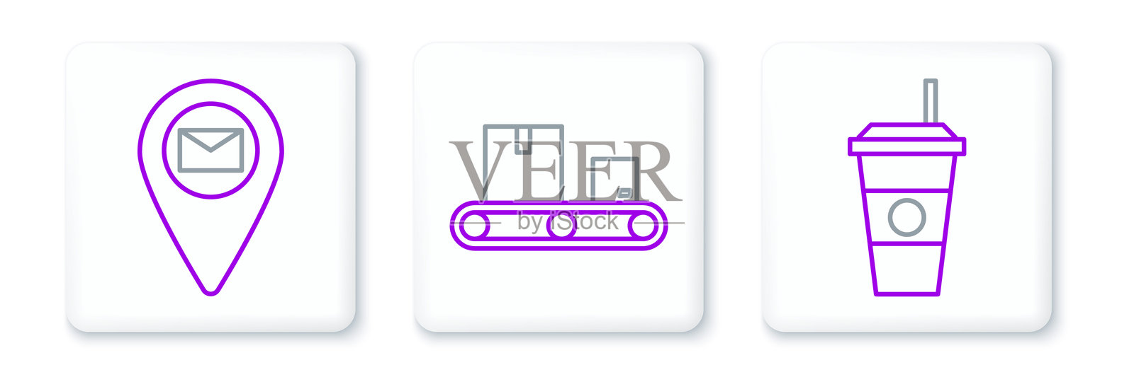 咖啡杯线条图标、地图占位符和带有纸箱的传送带图标。矢量图插画图片素材