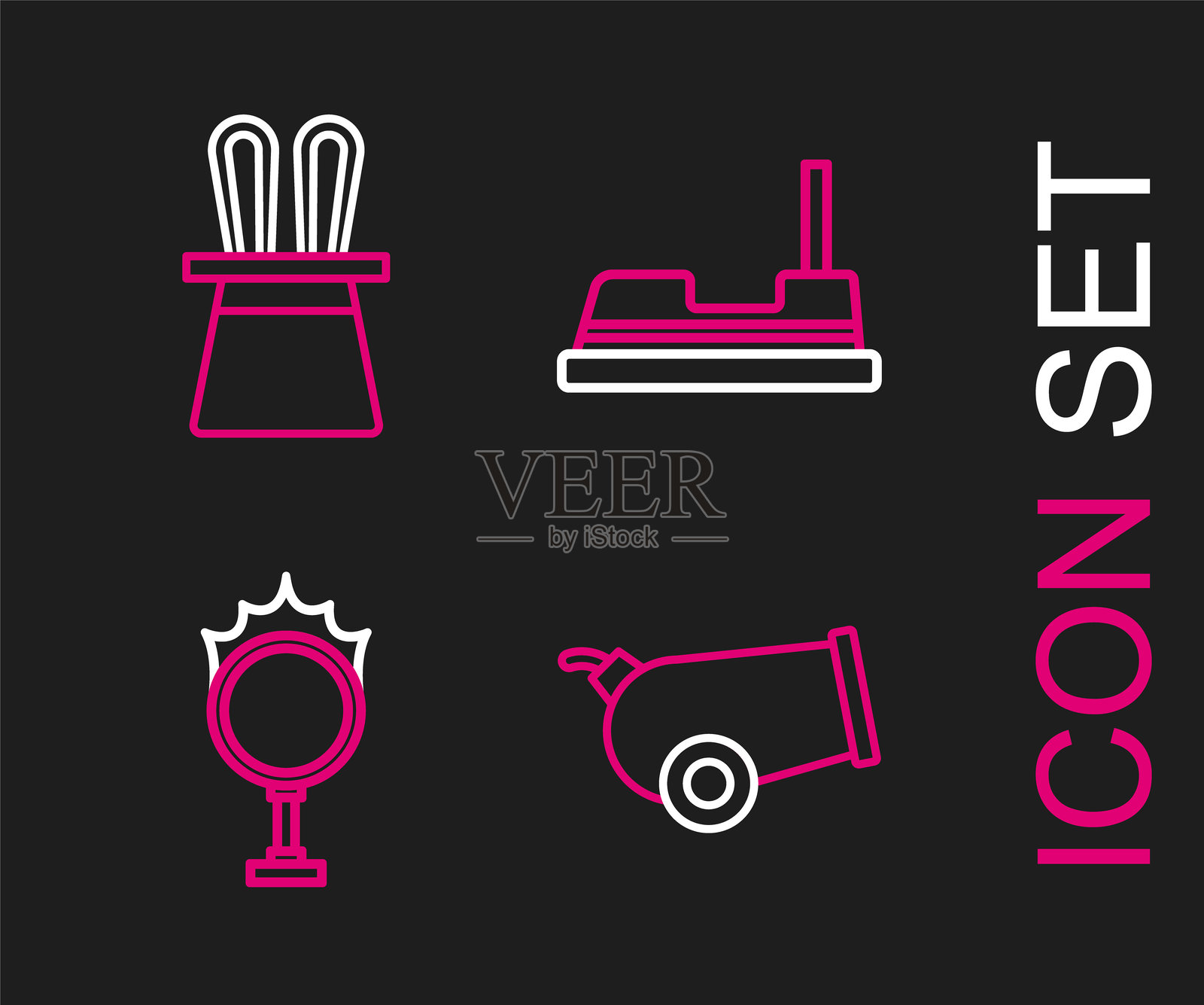 套索、马戏团火圈、碰碰车和魔术师帽及兔耳朵图标。矢量图示插画图片素材