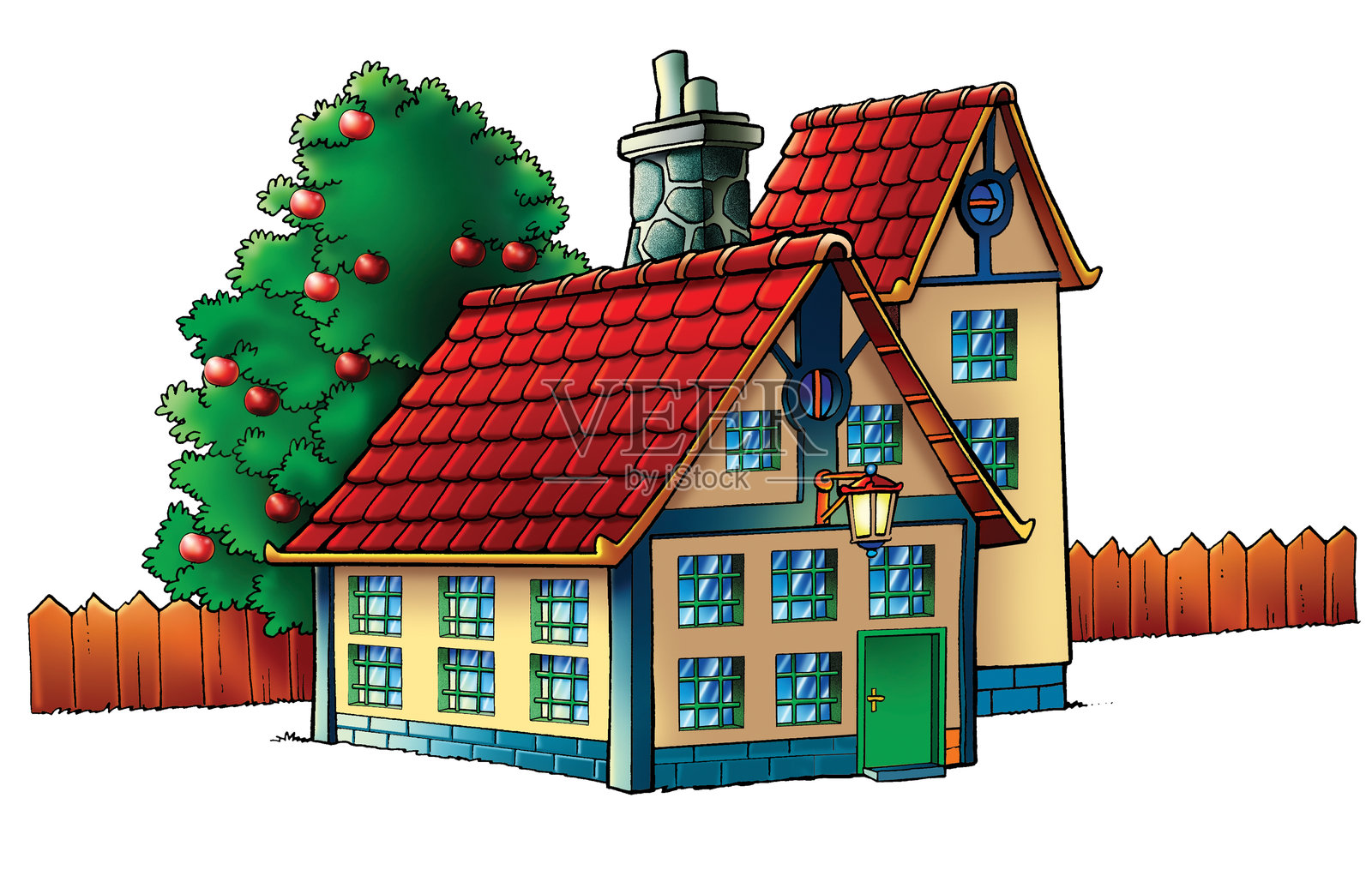 带有果树和栅栏的房屋插画图片素材