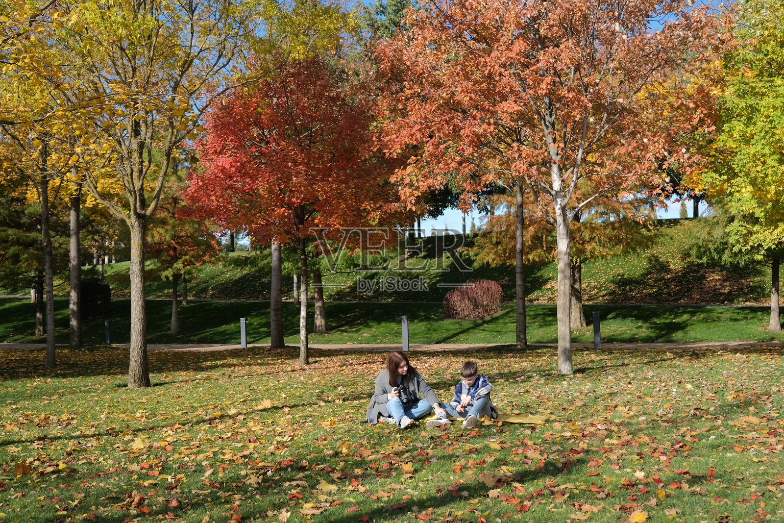 一位成年女性在公园或森林里，用落叶为儿子拍照。照片摄影图片