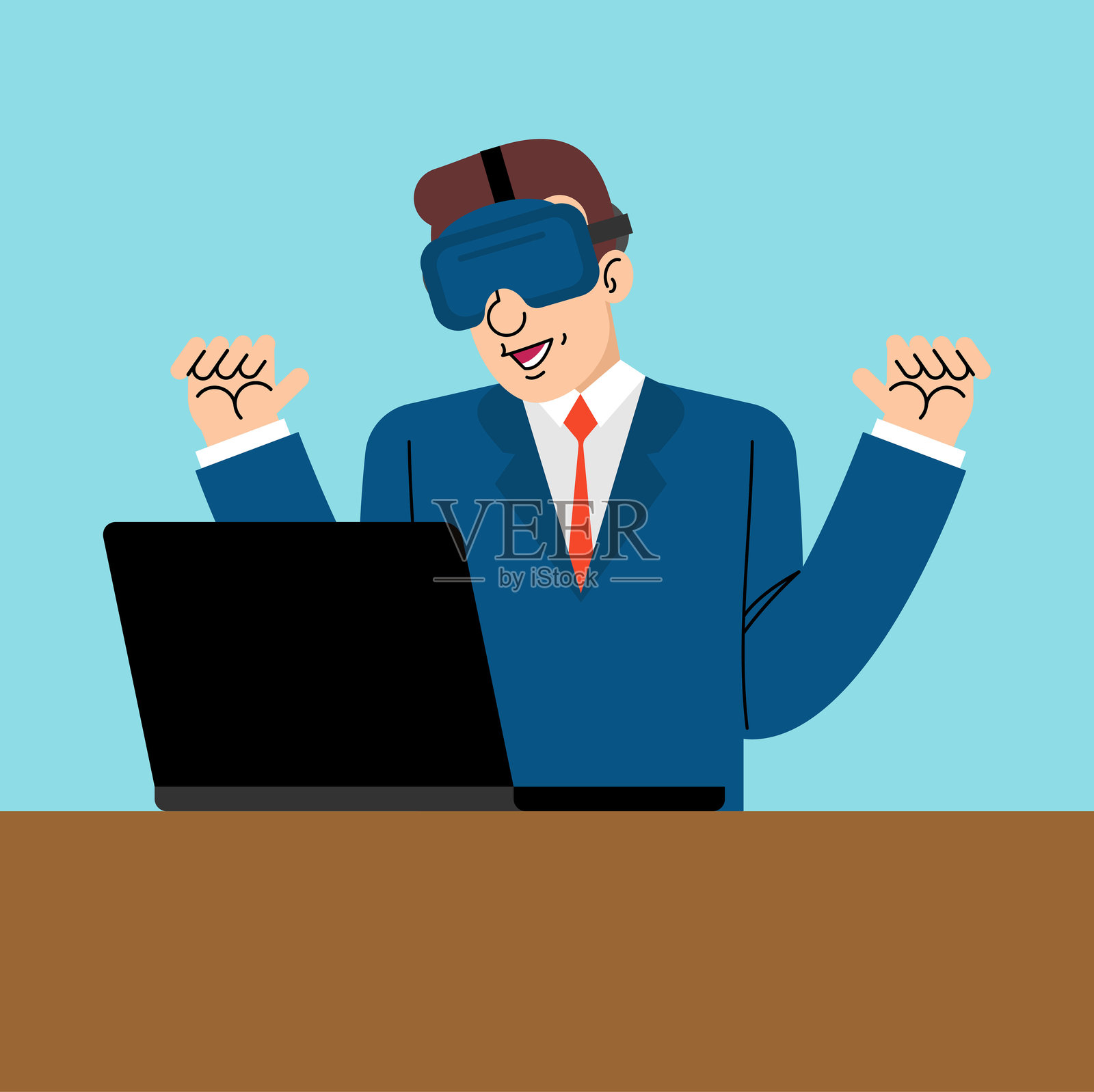 戴着VR头显的男子正在笔记本电脑上工作。体现未来工作、沉浸式体验、远程工作和技术创新的概念。非常适合元宇宙和数字化工作场所主题。插画图片素材