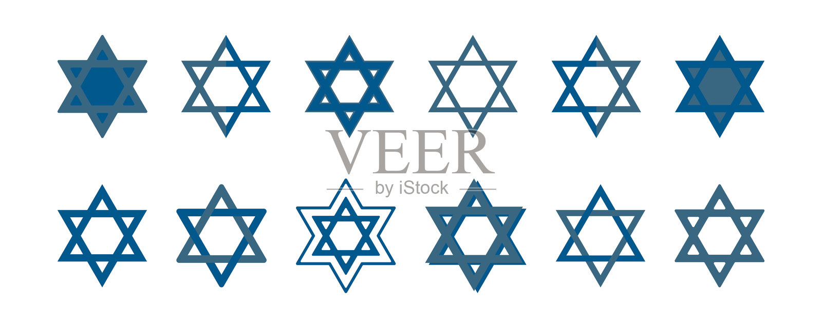 大卫之星图标集。蓝色大卫之星集合，犹太符号，光明节装饰元素。犹太之星。插画图片素材
