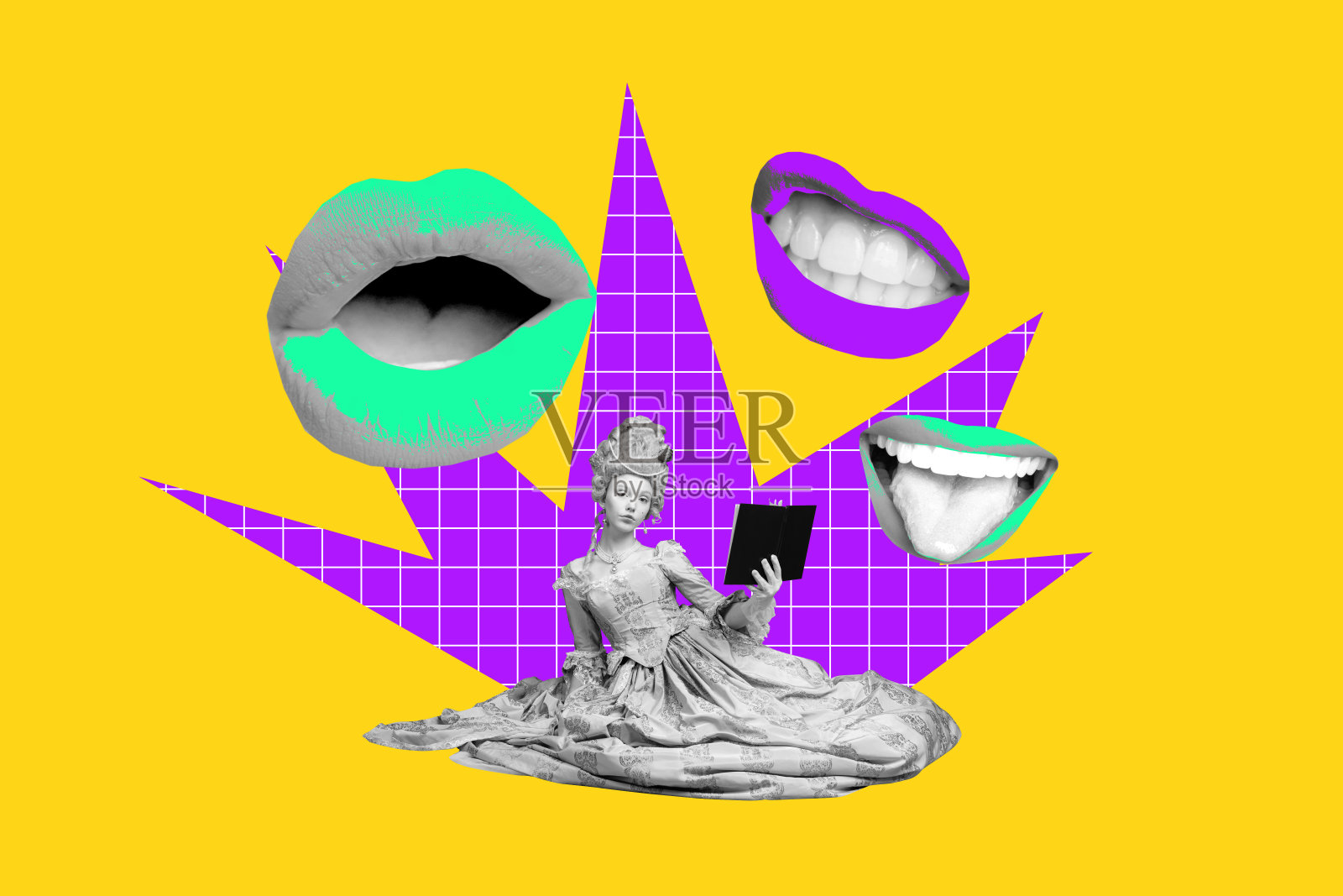 3D图像艺术作品海报，拼贴画，一位严肃的公爵夫人，手持书籍，正在八卦，文艺复兴时期历史人物照片摄影图片