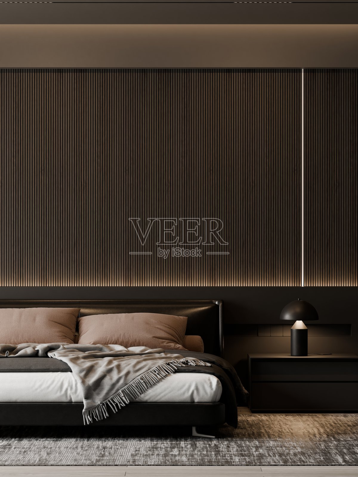 雅致的深色现代极简卧室室内，带有相框模型和柔和的氛围灯光——三维插画照片摄影图片