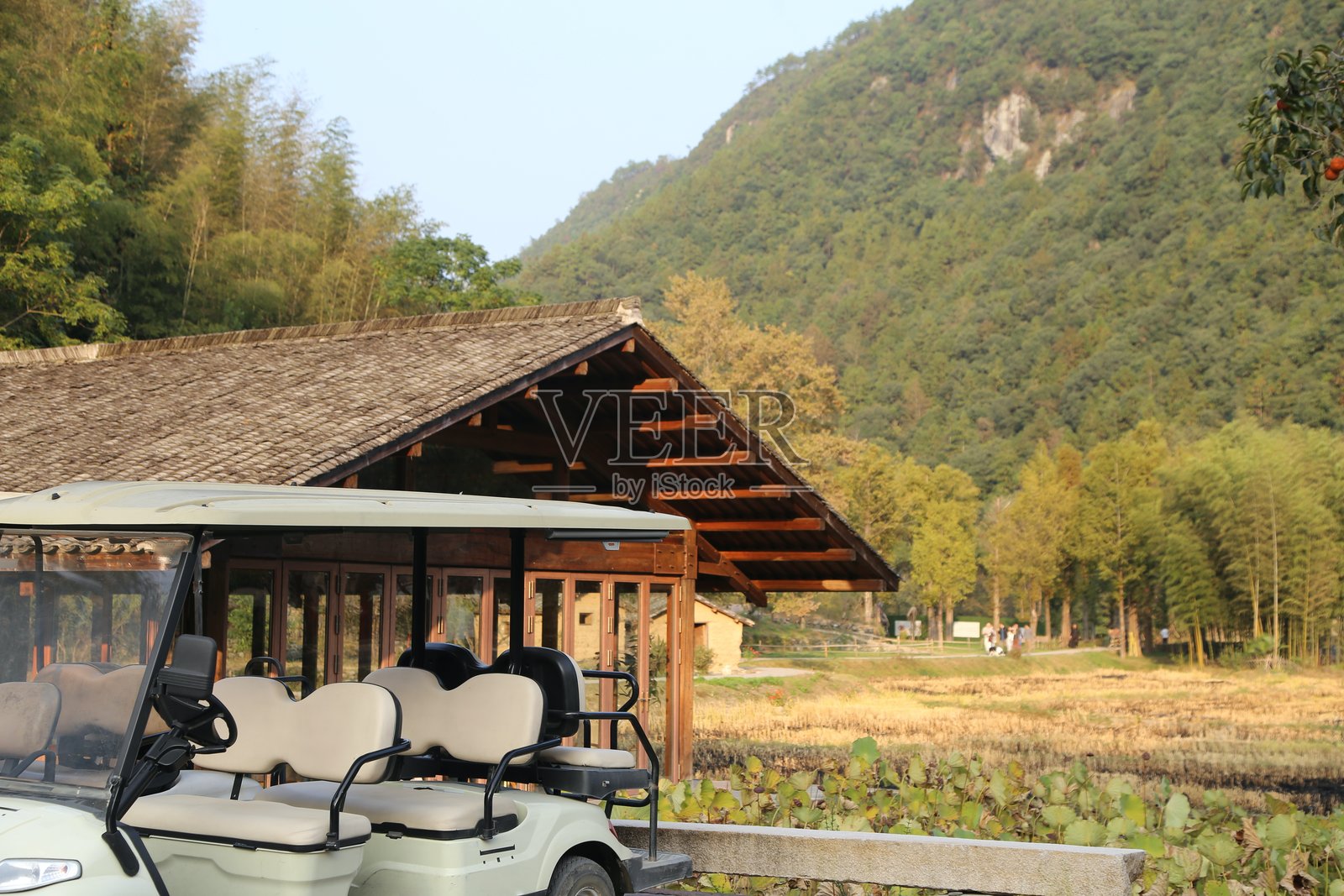 一辆高尔夫球车停在建筑前，周围是稻田和山脉。照片摄影图片