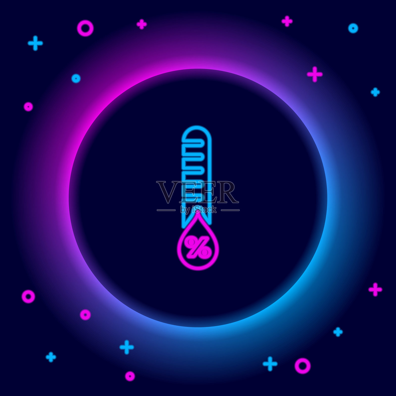 发光的霓虹灯线条湿度图标，孤立在黑色背景上。天气与气象，温度计符号。多彩轮廓概念。矢量图。插画图片素材