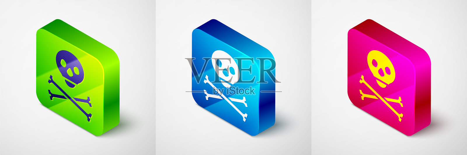 万圣节快乐。交叉骨上的等距骷髅图标，孤立在灰色背景上。方形按钮。矢量图。插画图片素材