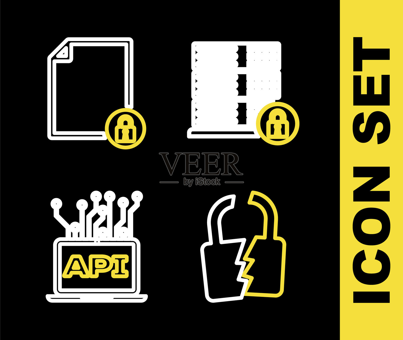 服务器安全（带锁）、损坏或破裂、计算机 API 接口和文档图标的线条组合。矢量图插画图片素材