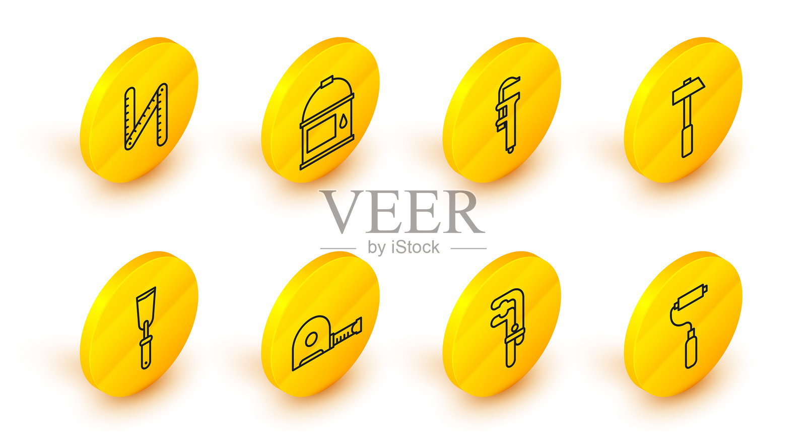 油漆滚筒刷、夹具、轮盘建筑、腻子刀、锤子、卡尺或游标卡尺和刻度、水桶和折叠尺图标套装。矢量图插画图片素材