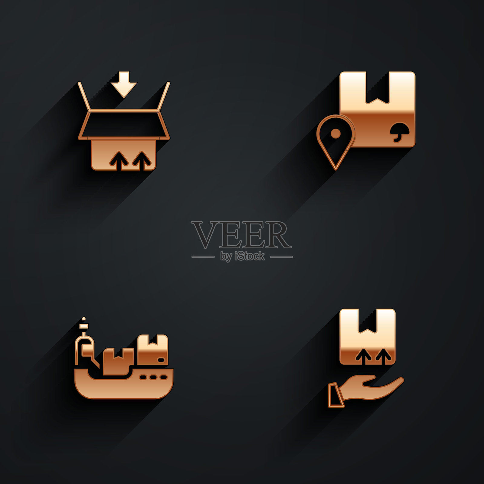 纸板箱，装货地点，货船送货以及带长影子的送货员图标。矢量图插画图片素材