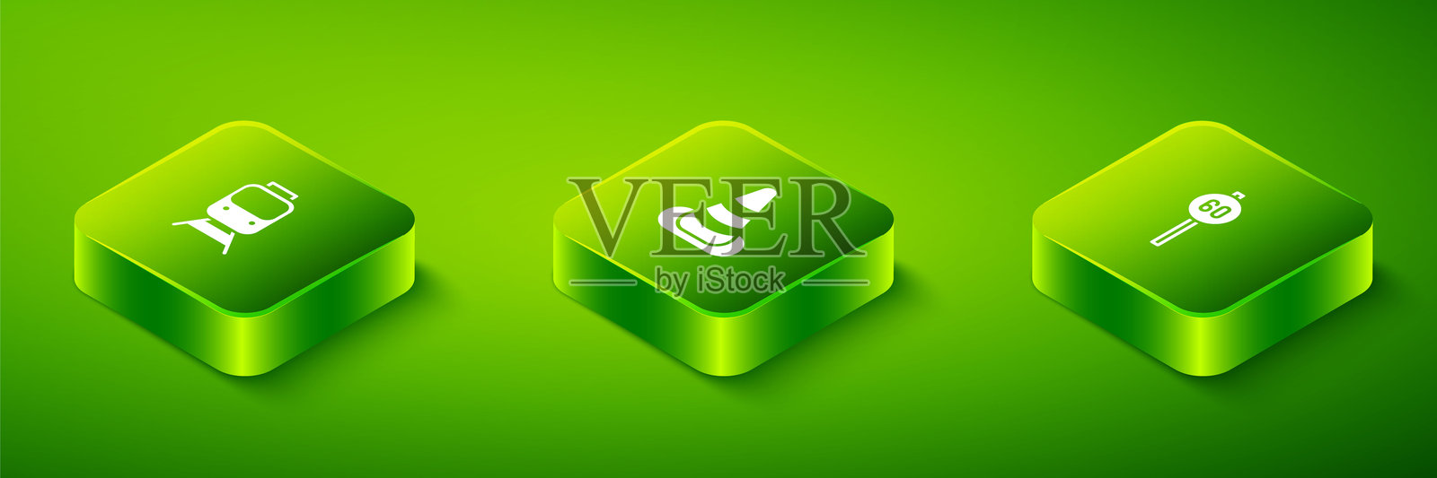 一套等距交通锥、限速标志和火车及铁路图标。矢量图插画图片素材