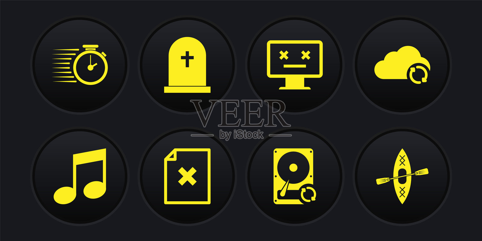 音乐音符、云同步刷新、删除文件文档、硬盘驱动器HDD、损坏的显示器和带十字架的墓碑图标。矢量插画图片素材